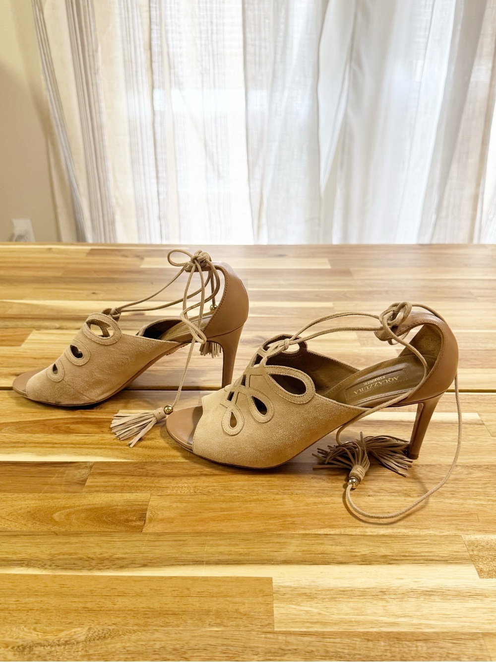 Aquazzura Get Me Everywhere Suede Tassel Cutout Tan Nude 105 Heels Size 39 - Picture 8 of 11